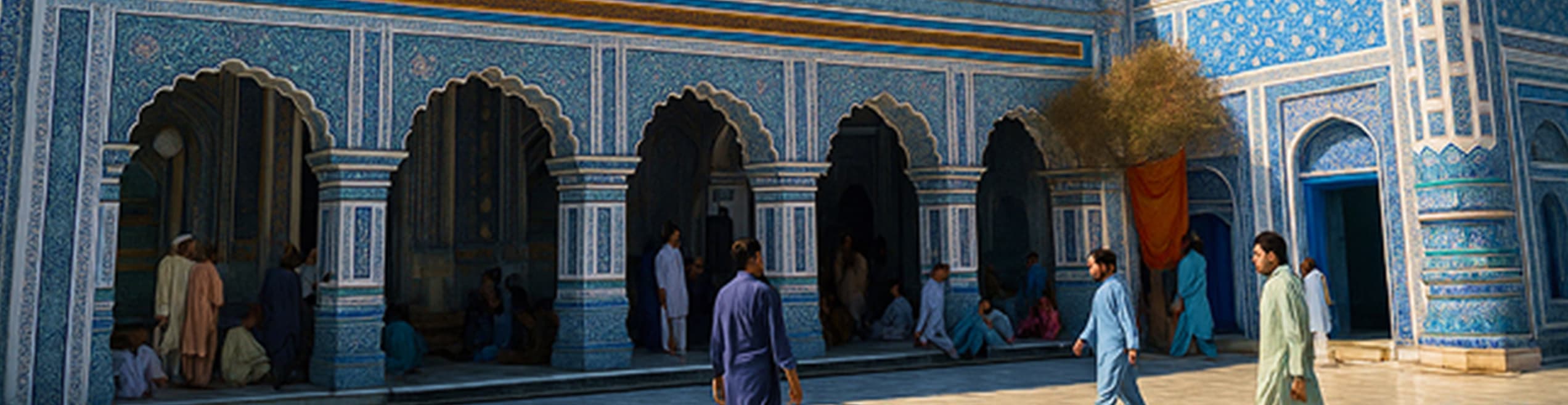 Lal Shahbaz Qalandar shrine with ornate Islamic architecture and decorative domes in Sehwan Sharif