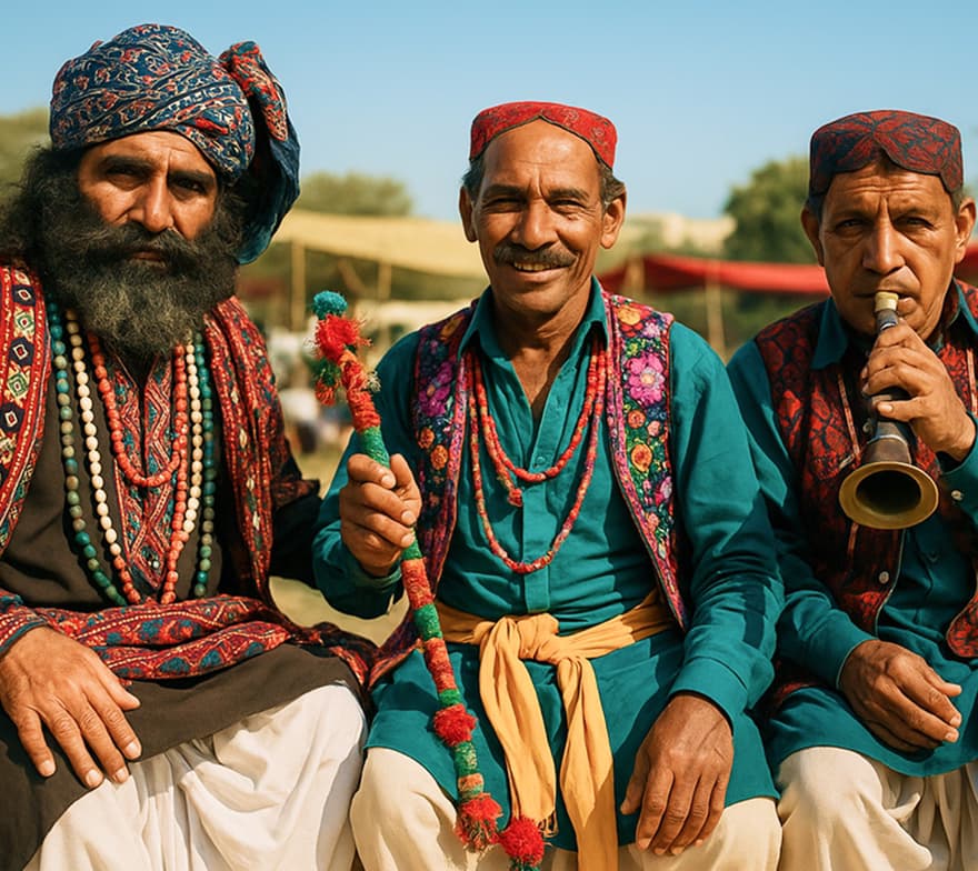 Three Sindhi folk musicians in traditional dress playing cultural instruments during heritage performance