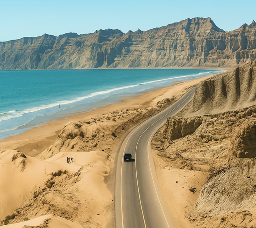 Peaceful beach in Sindh, Pakistan, with golden sand and calm blue waves under a clear sky.