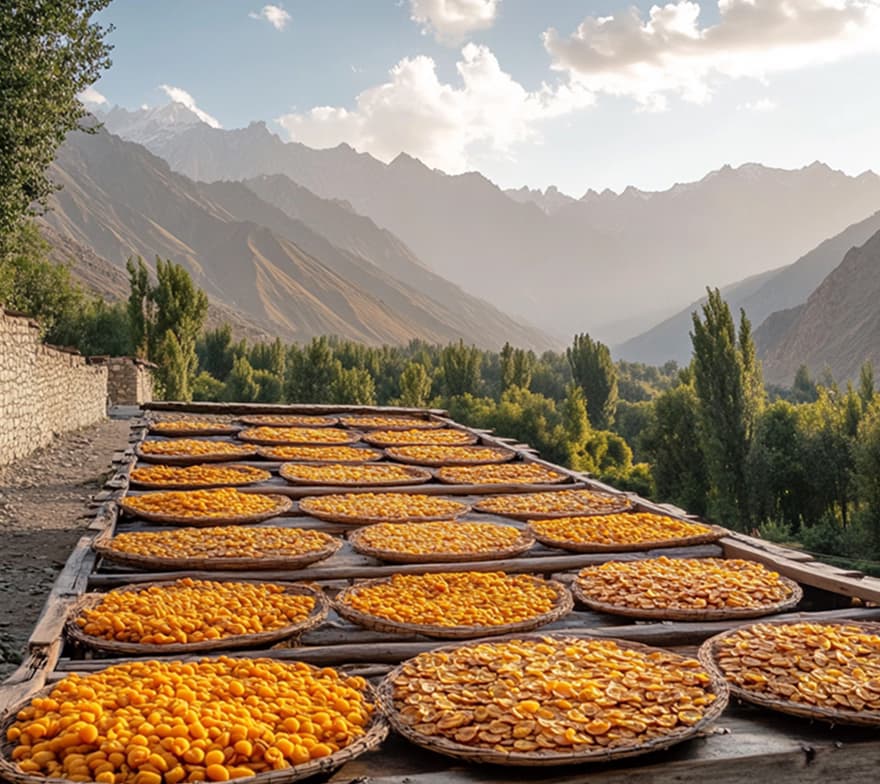 Golden dried apricots from Hunza Valley in Gilgit-Baltistan, showcasing the region's famous organic fruit production and traditional preservation methods
