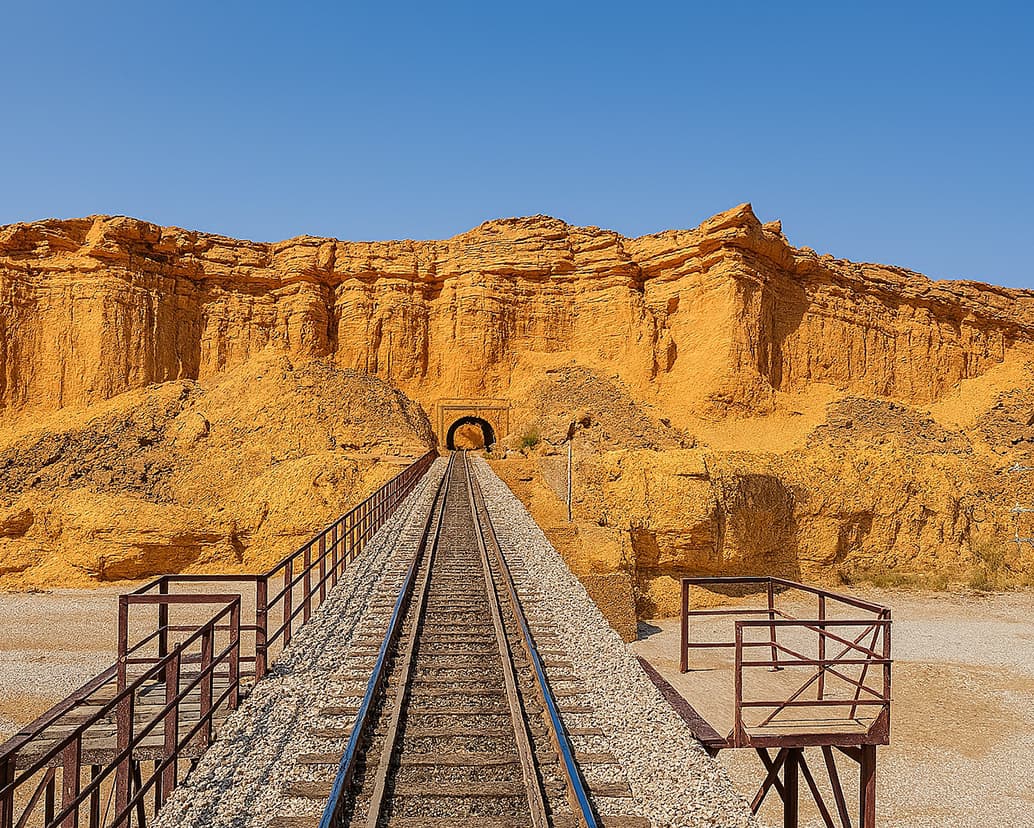 Railway track cutting through a rocky mountain landscape.