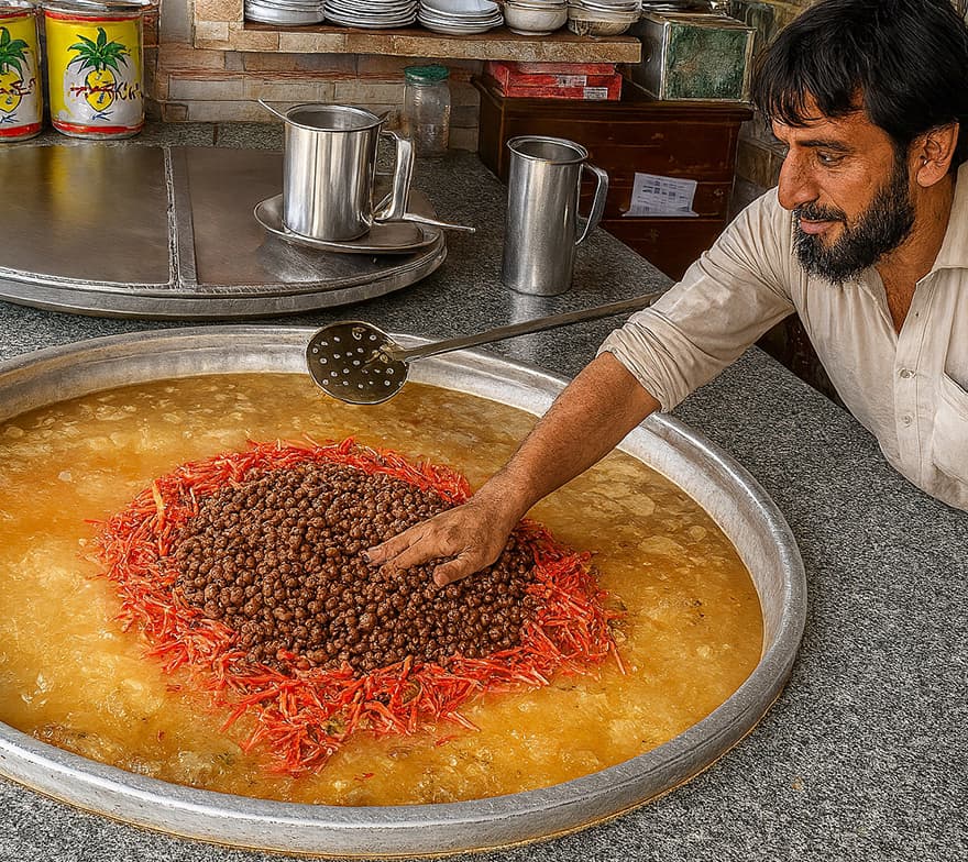 Man preparing traditional pulao in a large daig in Quetta.