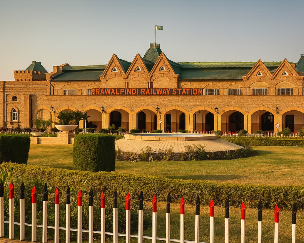 Busy railway station building with British colonial architecture, featuring arched windows, brick construction, and bustling passenger activity
