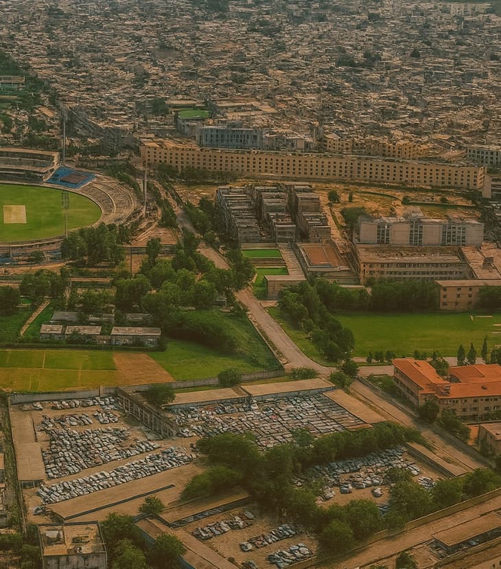 Drone photograph showing expansive cityscape with large circular cricket stadium, surrounding residential and commercial buildings, and urban infrastructure