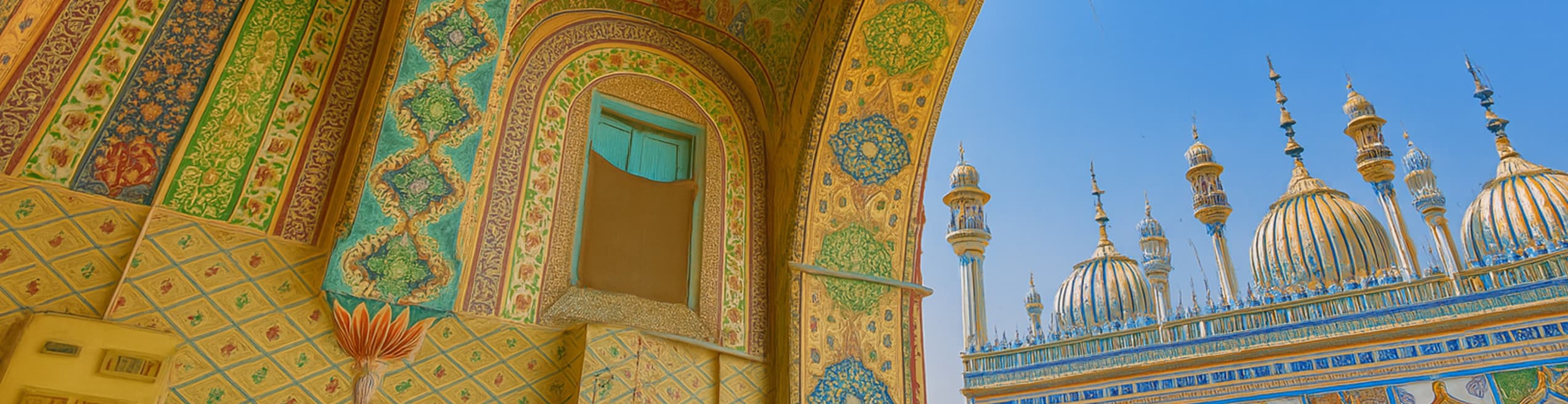 Large historic mosque with traditional Islamic architecture featuring multiple domes, tall minarets, and classic geometric patterns