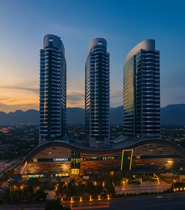 Large modern shopping mall with sleek glass facade and contemporary architectural design