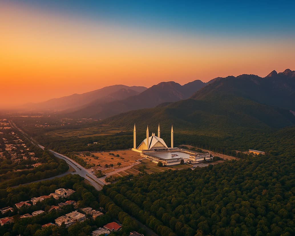 Drone photograph showing a magnificent white mosque with four tall minarets and distinctive triangular architecture surrounded by landscaped grounds