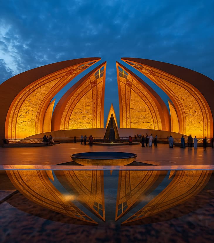 Modern monument featuring curved petal-like structures made of stone and metal, symbolizing national unity