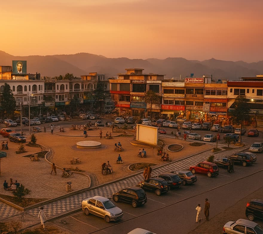 Urban commercial area featuring various shops, offices, and businesses with modern mixed-use architecture and active street life