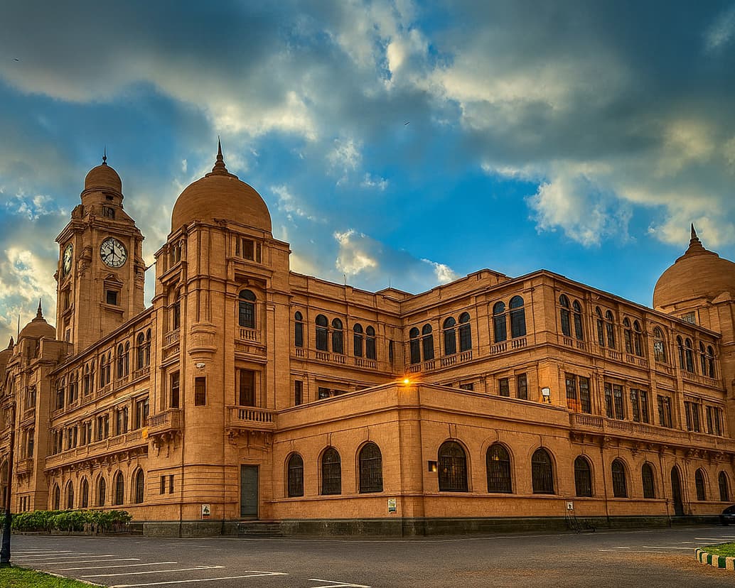 Front view of the Karachi Metropolitan Corporation Building with colonial architecture.