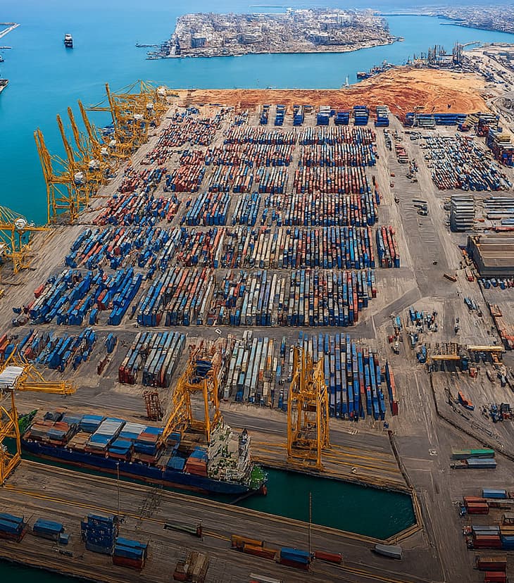 Cargo ships and cranes at Karachi Port busy with maritime activities.