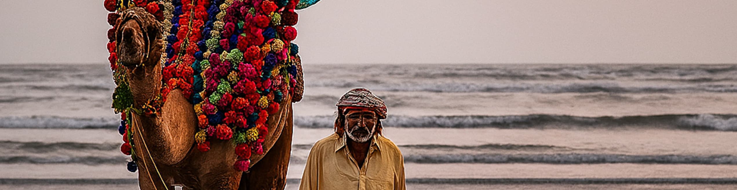 Person Leading Camel Along Karachi Shoreline