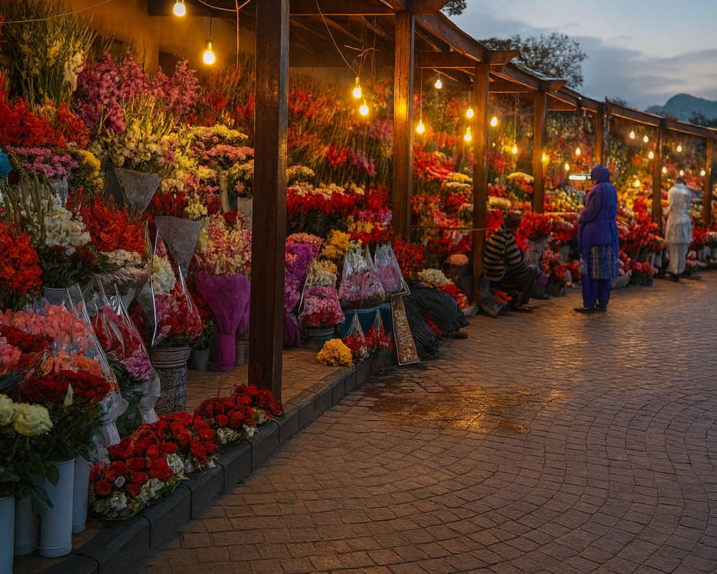 A vibrant flower shop in Sector F-6, Islamabad, with a display of fresh roses, lilies, and decorative plants.