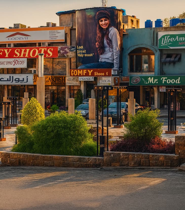 Popular food outlets at Jinnah Super Market, F-6, showing outdoor seating and people enjoying meals.