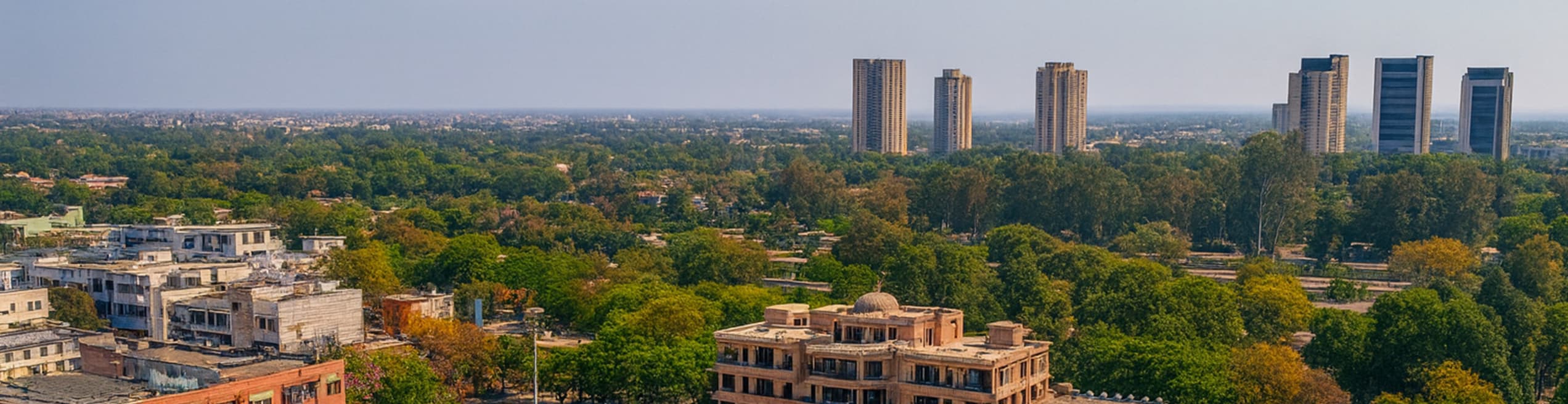 Aerial shot showing buildings and residential areas nestled in greenery around Sector F-6, Islamabad.
