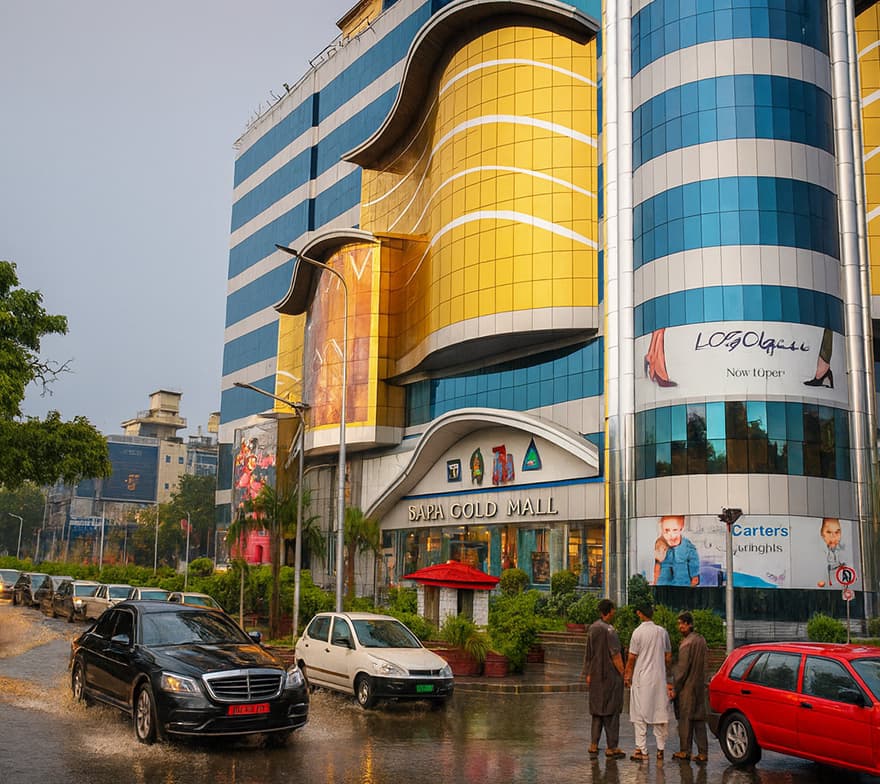 Street view of Safa Gold Mall located on College Road in Sector F-6, a popular shopping and entertainment destination.