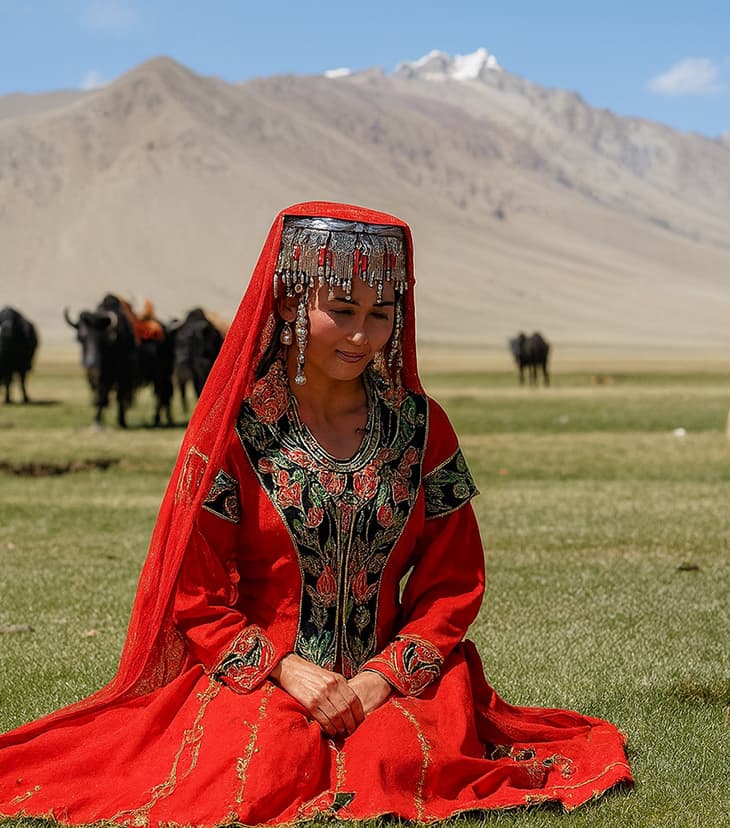 A woman wearing colorful traditional clothes, representing the cultural heritage of Skardu.
