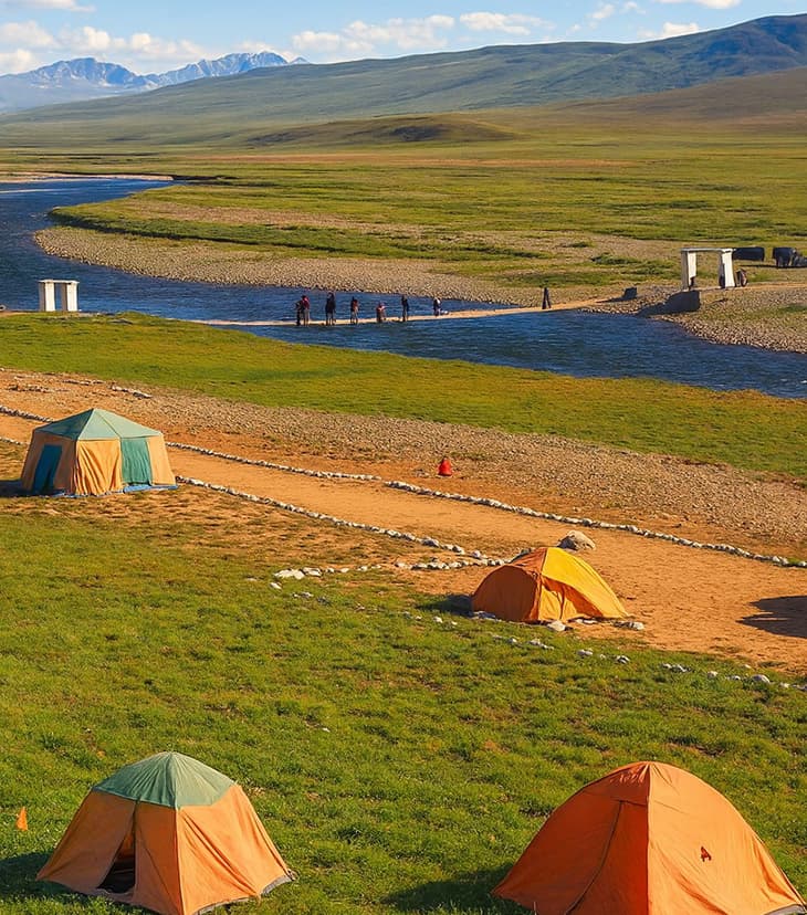 A scenic campsite on the vast Deosai Plains with tents set against open grasslands and distant mountains.