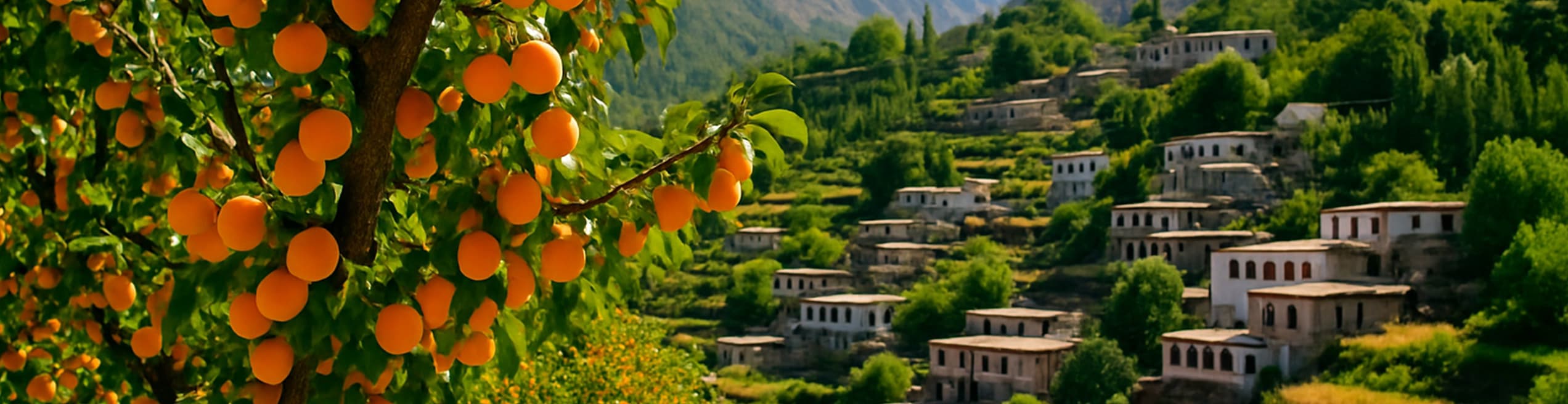 A blooming apricot tree in Sadpara Skardu with mountains and scenic landscapes in the background.