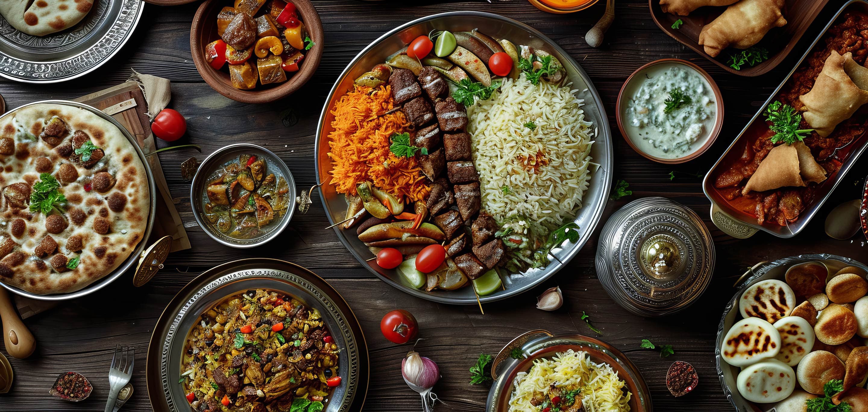A spread of iconic Pakistani food including biryani, nihari, karahi, kebabs, pulao, rosh, and dham pukht with popular street bites