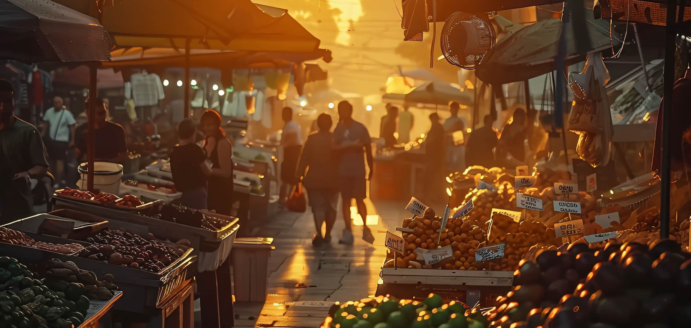Busy local markets with shopping malls, bazaars, supermarkets, bakeries, convenience stores, electronics stores, stationery shops, and food courts for daily essentials