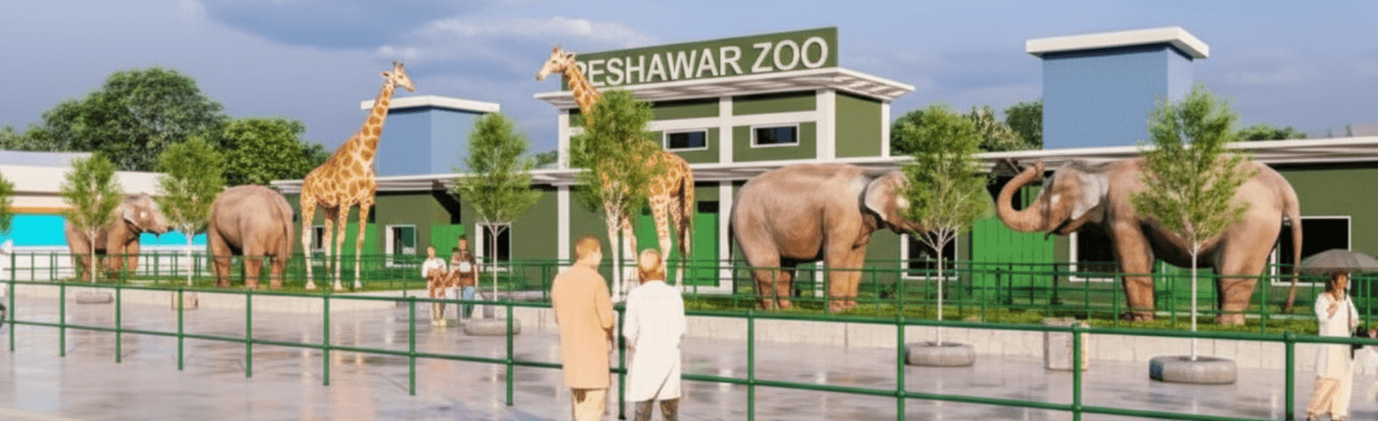 Wide banner view of Peshawar Zoo park with greenery and visitor spaces, Peshawar Zoo visit scene for families near animal enclosures