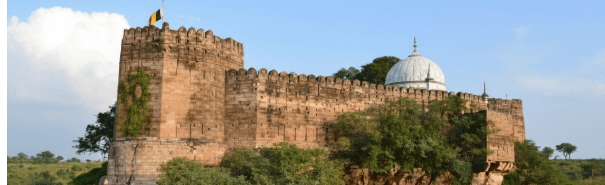 Wide banner view of Sangni Fort site showing surrounding terrain and approach path, Forts in Pakistan heritage scene linking Sangni Fort with nearby sites like Rawat Fort