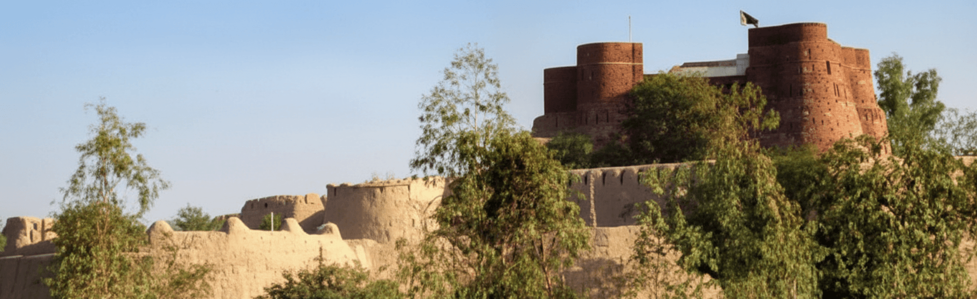 Wide banner view of Jamrud Fort under changing weather and clouds near Peshawar, Jamrud Fort history landmark scene with approach view from Jamrud Road area