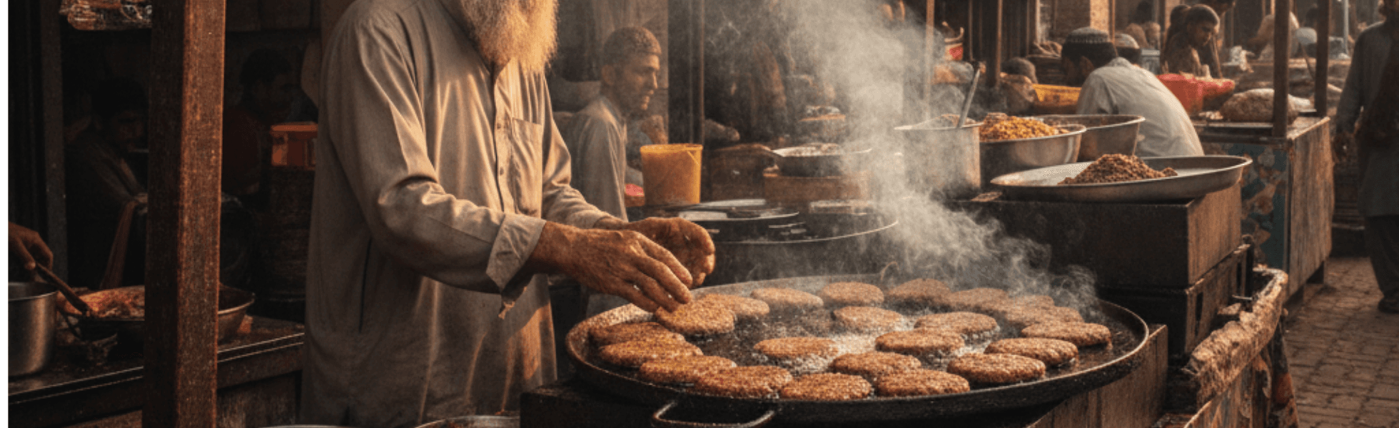 Wide banner view of chapli kababs cooking on a tawa with smoke and spices, Peshawar chapli kabab street food vibe inspired by Khan Chapli Kabab and Jalil Kabab Peshawar