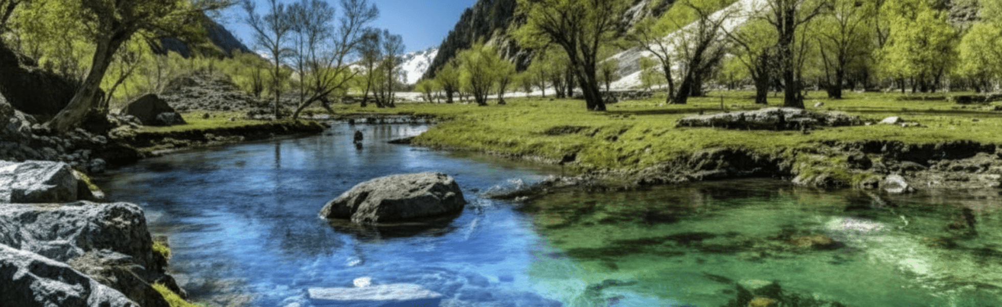 Wide banner view of Gabral Valley under changing weather near Kalam with open valley scenery, Shahi Bagh Gabral Valley scene with riverbanks for trout fishing and routes toward nearby lakes