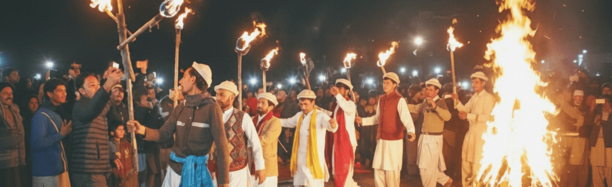 Wide banner view of Ghanche festival crowd, stage, and Baltistan valley scenery, Cultural tourism scene in Baltistan highlighting Pakistan tourism and local traditions