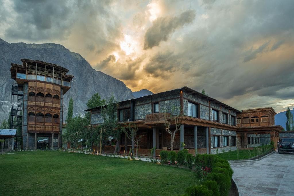 Hotel exterior with mountains and clouds in Skardu, Scenic view of PC Legacy Skardu