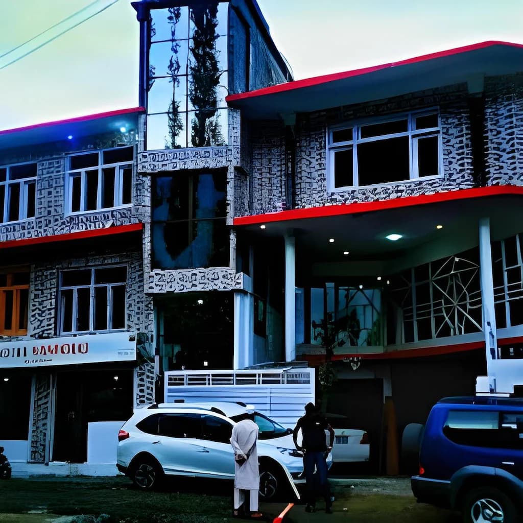 Exterior facade of Hotel Saspolo Skardu with mountain backdrop, hotel building in Kushmarah Skardu