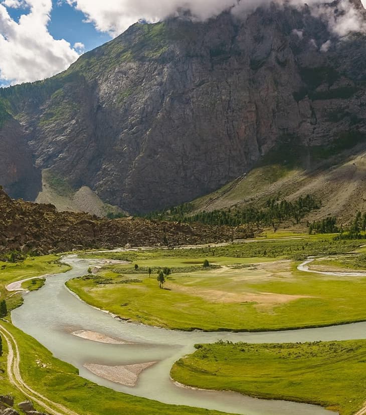 Majestic Green Plains with Towering Mountain Peaks Vast lush green plains extending toward towering, rugged mountain peaks under a clear sky.