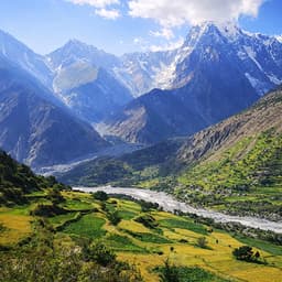 Bagrot Valley Gilgit scenic valley view with river, terraces and mountain peaks Bagrot Valley view near Gilgit, Bagrote valley landscape
